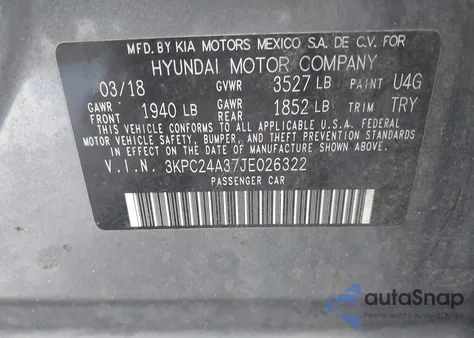 2018 Hyundai Accent Se from USA, damaged, VIN 3KPC24A37JE026322